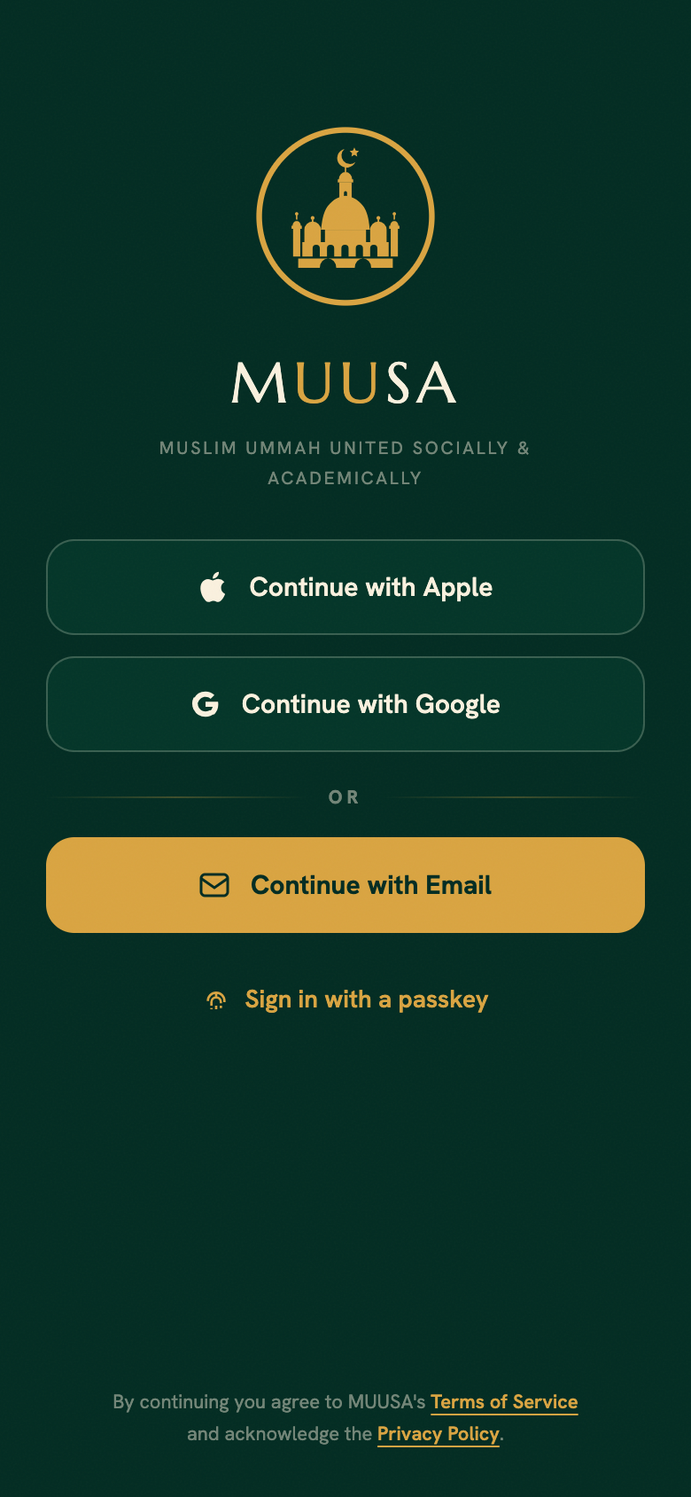 MUUSA sign-in screen preview showing Apple, Google, email and passkey options